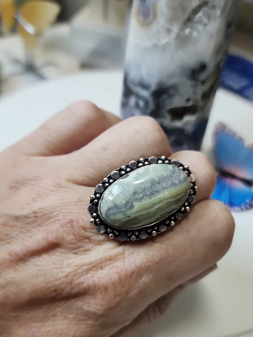 Green Oval Stone Statement Ring - Unbranded